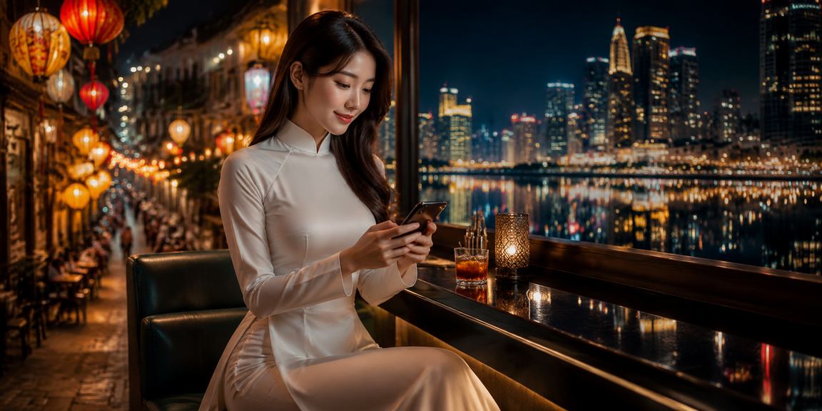 Người phụ nữ mặc áo dài Hà Nội theo dõi kết quả cá cược thể thao