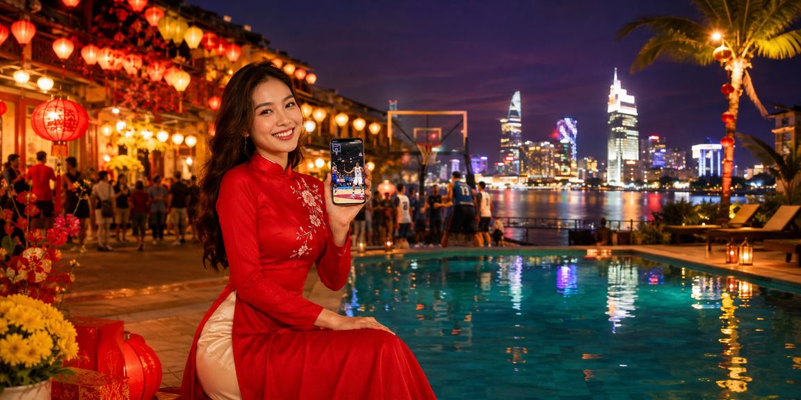 Người dùng xem bóng rổ và đặt cược tại Hội An trong tà áo dài